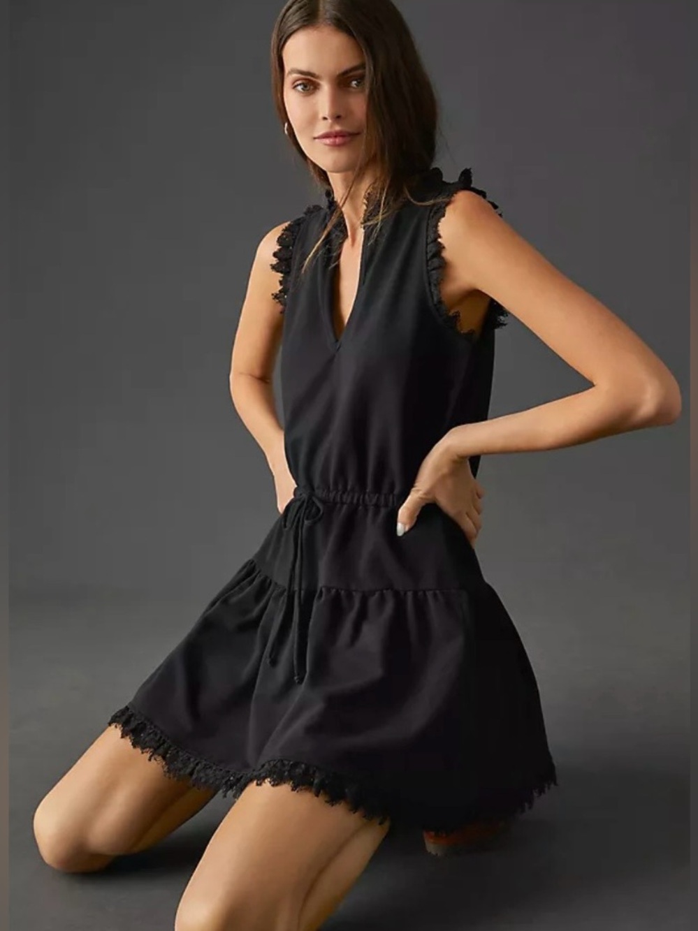 Anthropologie Sundays Tara Black Lace-Trim Sleeveless Drawstring Mini Dress